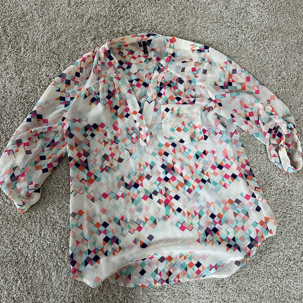 Maurices Red and Blue Relaxed Blouse with Mandarin Collar